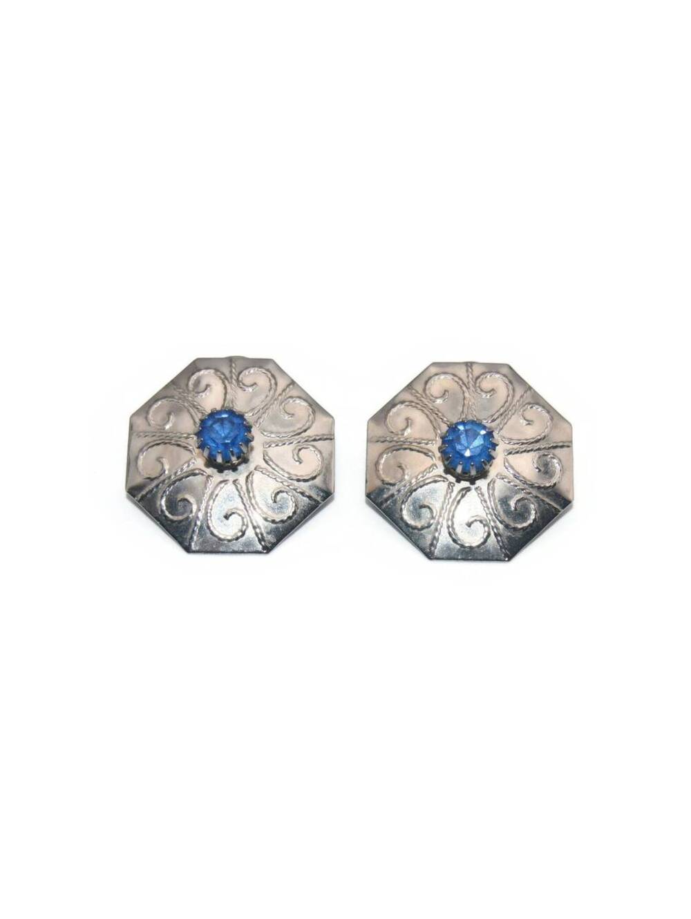 Vintage Silver Tone and Blue Rhinestones Octagon Stud Earrings.